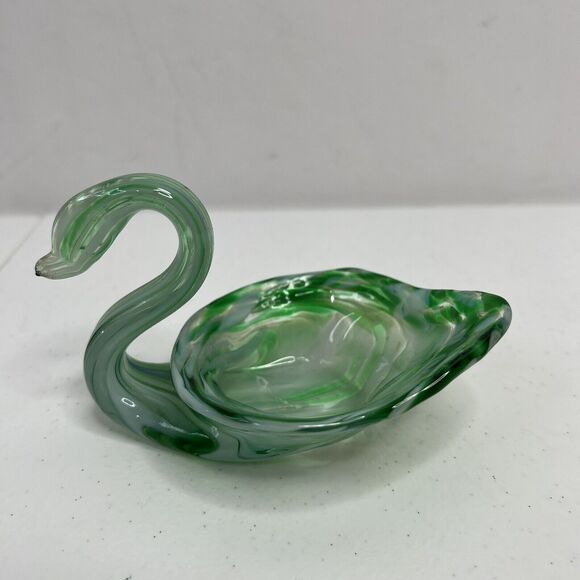 Vintage Art Glass Swan Bowl Hand Blown Green Dish Mid Century Mod Tiny 6 Inch - Picture 2 of 8
